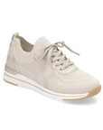Women's Remonte R6712 Slip-On Sneaker in beige with breathable stretch textile upper and lace-up design for casual wear.