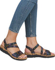 Model wearing Women's Remonte R6860 Backstrap Leather Sandal with jeans, showcasing stylish fit and supportive backstrap design.