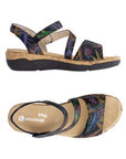 Side and top views of Women's Remonte R6860 Backstrap Leather Sandal showing removable footbed and waterproof leather design.