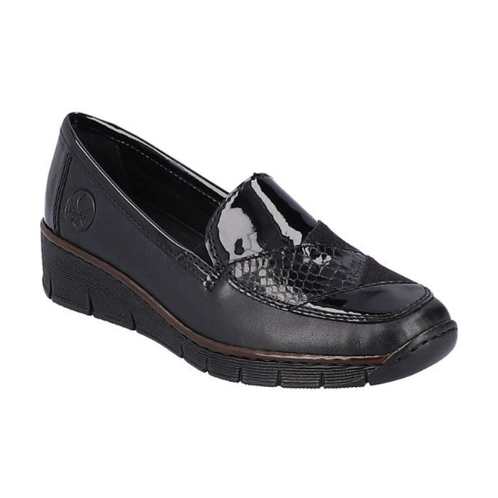 Black wedge loafer with black patent and croco detailing on vamp.