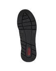 Black light treaded sneaker outsole with red Rieker logo on heel.