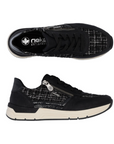 Pair of Black sneakers with plaid accents, black Rieker logo'd footbed, beige midsole and black outsole.