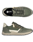 Pair of Green sneakers with a gold zipper, gold accents, black Rieker logo'd footbed, beige midsole and black outsole.