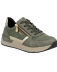 Green sneaker with a gold zipper, gold accents, beige midsole and black outsole.