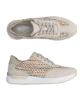 Pair of Beige sneakers with woven pale color patterned side panels, tan Rieker logo'd footbed, white midsole and tan outsole.