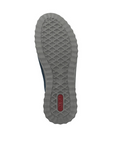 Grey light treaded sneaker outsole with red Rieker logo on heel.