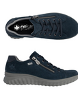 Pair of navy blue suede sneakers with dark blue laces, side zipper and grey outsole.