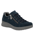 Navy blue suede sneaker with dark blue laces, side zipper and grey outsole.