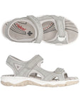Top and side views of Women's Rieker 68866 Backstrap Sandal in grey, showing adjustable Velcro straps and shock-absorbing footbed.