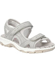 Women's Rieker 68866 Backstrap Sandal in light grey with Velcro straps and cushioned sole, ideal for walking and all-day comfort.