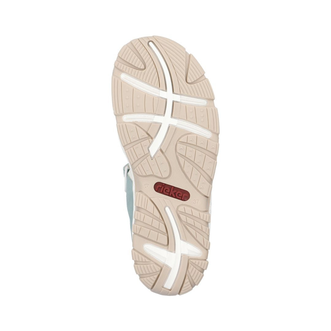 Bottom view of multicolor Women's Rieker 68866 Backstrap Sandal showing durable, shock-absorbing sole with Rieker branding.