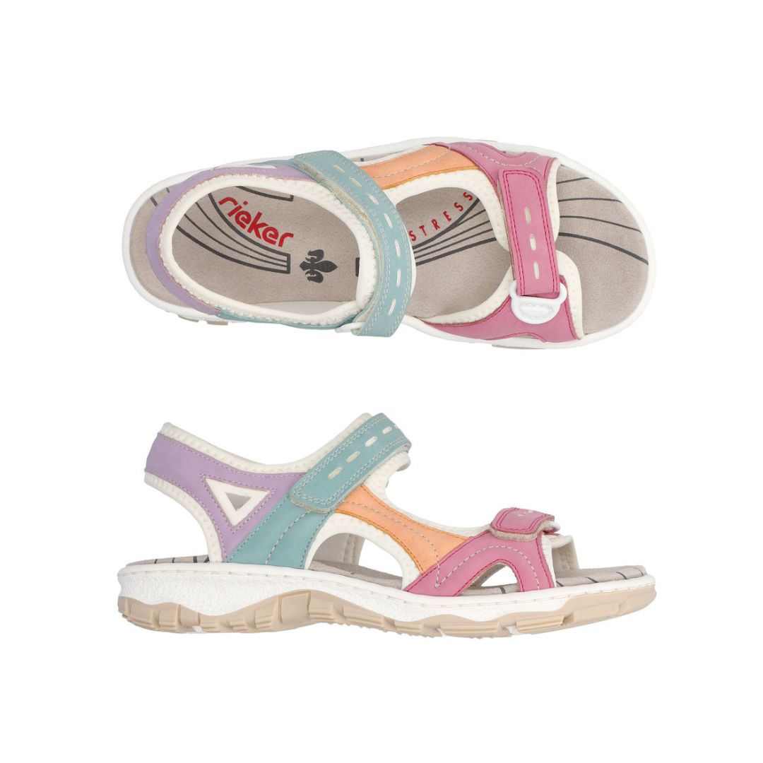 Top and side views of multicolor Women's Rieker 68866 Backstrap Sandal with tri-color Velcro straps and ergonomic footbed.