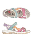 Top and side views of multicolor Women's Rieker 68866 Backstrap Sandal with tri-color Velcro straps and ergonomic footbed.