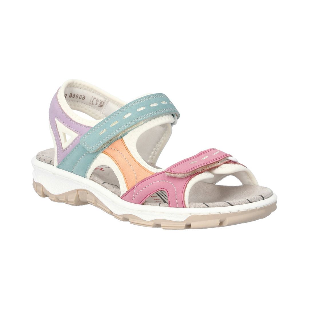 Women's Rieker 68866 Backstrap Sandal in multicolor with pastel straps and cushioned sole, perfect for stylish walking comfort.