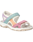 Women's Rieker 68866 Backstrap Sandal in multicolor with pastel straps and cushioned sole, perfect for stylish walking comfort.
