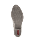 Grey outsole with red rieker logo on low block heel.