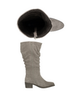Pair of grey knee-high boot with western vibe , inside zipper and a low block heel.