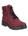 Red combat boot with black laces, knit cuff, and rugged black outsole.