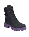 Black combat boot with black laces and purple platform outsole.