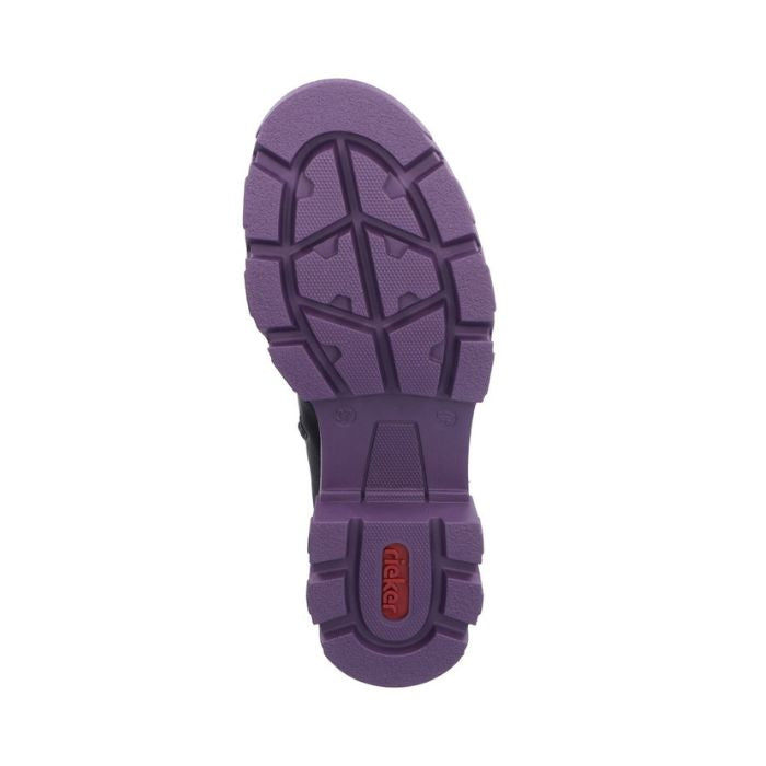 Purple rubber outsole with red Rieker logo on heel.