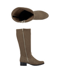 Pair of Tall taupe suede boots with inside zipper and black low block heel.