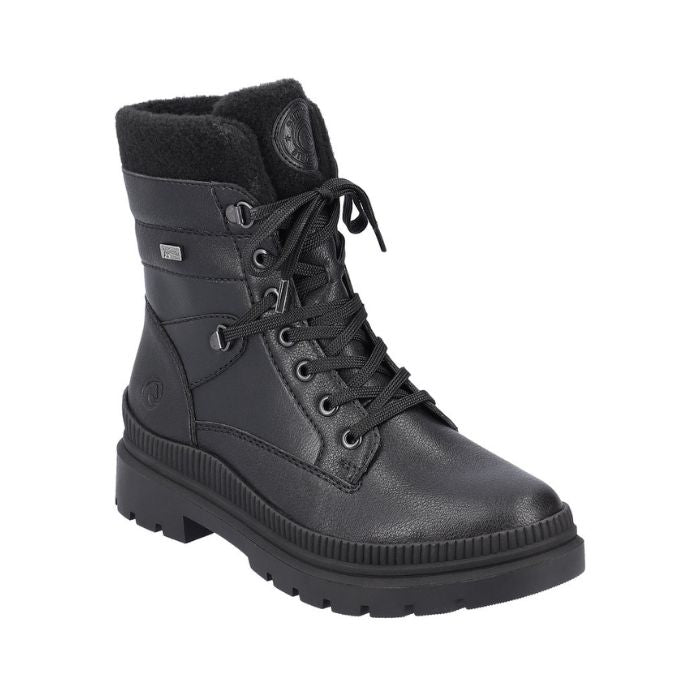 Black leather combat boot with lace closure.