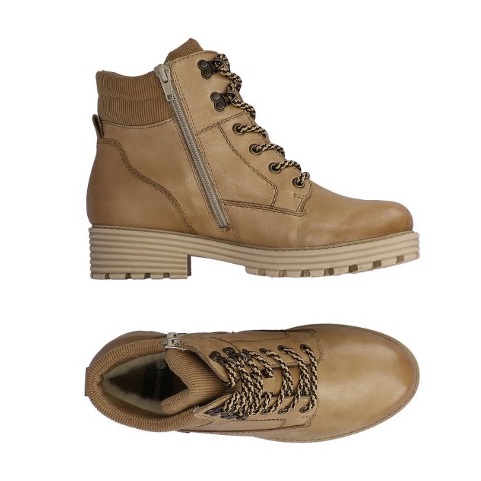 Top and side view of tan brown lace up boot with inside zipper.