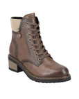 Brown leather lace up ankle boot with stacked heel.