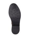 Black rubber outsole of women's boot with Remonte logo on center.
