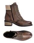 Top and side view of brown leather lace up ankle boot with stacked heel. Black inside zipper closure.