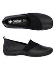 Top and side views of the Women's Rieker L1790 leather loafer showcasing cushioned insole and lightweight, flexible construction.