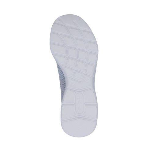 Bottom view of Women's Rieker M5066 Slip-On Sneaker in light blue, featuring a flexible, non-slip white sole for everyday use.