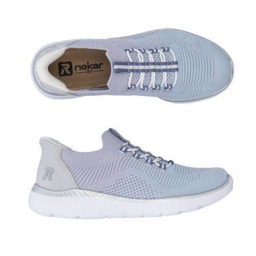 Top and side views of Women's Rieker M5066 Slip-On Sneaker in light blue, highlighting its slip-on design and soft mesh texture.