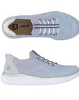 Top and side views of Women's Rieker M5066 Slip-On Sneaker in light blue, highlighting its slip-on design and soft mesh texture.