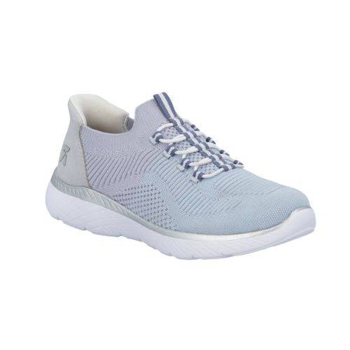 Women's Rieker M5066 Slip-On Sneaker in light blue with breathable knit upper and cushioned white sole for all-day wear.