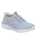 Women's Rieker M5066 Slip-On Sneaker in light blue with breathable knit upper and cushioned white sole for all-day wear.