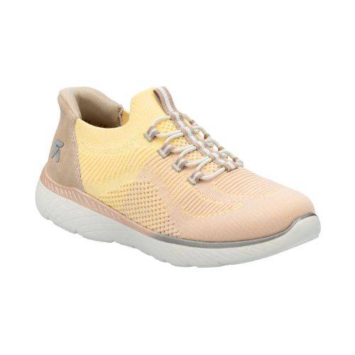 Women's Rieker M5066 Slip-On Sneaker in peach and yellow with breathable mesh upper and flexible white sole for lightweight comfort.