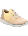 Women's Rieker M5066 Slip-On Sneaker in peach and yellow with breathable mesh upper and flexible white sole for lightweight comfort.