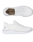 Pair of Slip-on Sneakers in white with knit upper, elastic laces, silver accents, tan Rieker logo'd footbed and white outsole.