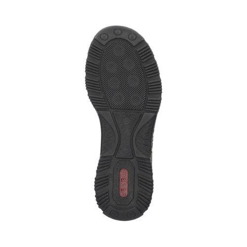 Outsole of a black slip-On sneaker with textured grip and red Rieker logo on heel.
