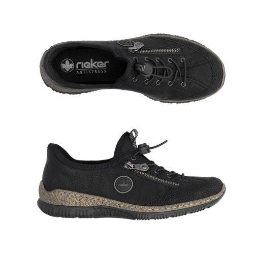 Pair of Black slip-on shoe with bungee laces, faux side zipper, Rieker logo in circle side emblem, brown faux cork midsole and a black outsole.