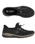 Pair of Black slip-on shoe with bungee laces, faux side zipper, Rieker logo in circle side emblem, brown faux cork midsole and a black outsole.