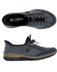 Pair of Blue slip-on shoe with bungee laces, faux side zipper, Rieker logo in circle side emblem, brown faux cork midsole and a black outsole.