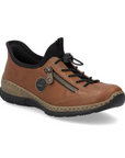 Brown slip-on shoe with bungee laces, faux side zipper, Rieker logo in circle side emblem, brown faux cork midsole and a black outsole.