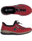 Pair of red slip-on shoe with bungee laces, faux side zipper, Rieker logo in circle side emblem, brown faux cork midsole and a black outsole.