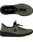 Pair of green slip-on shoe with bungee laces, faux side zipper, Rieker logo in circle side emblem, brown faux cork midsole and a black outsole.