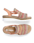 Side and top views of Women's Rieker V1241 Backstrap Sandal showing multicolor woven upper, peach backstrap, and shock-absorbing sole.