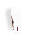 Bottom view of Women's Rieker V1241 Backstrap Sandal featuring durable white outsole with red Rieker logo and anti-slip tread design.