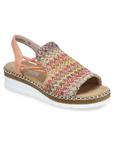 Women's Rieker V1241 Backstrap Sandal in multicolor knit with peach straps, cushioned insole, and white flexible outsole for comfort and style.