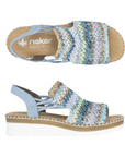 Top and side views of pastel blue Women's Rieker V1241 Backstrap Sandal with colorful woven upper and flexible cushioned sole.